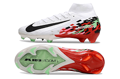 Chuteira Nike Air Zoom Mercurial Superfly 10 Elite FG, branca e vermelha, com tecnologia Air Zoom para performance em campo.