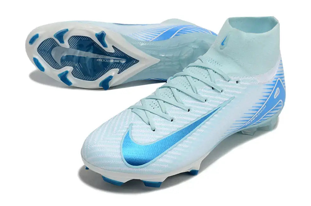 Chuteira Nike Air Zoom Mercurial Superfly 10 Elite FG em azul e branco, ideal para controle e velocidade no futebol.