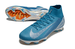 Chuteira Nike Air Zoom Mercurial Superfly 10 Elite FG com design em azul e sola FG para futebol.