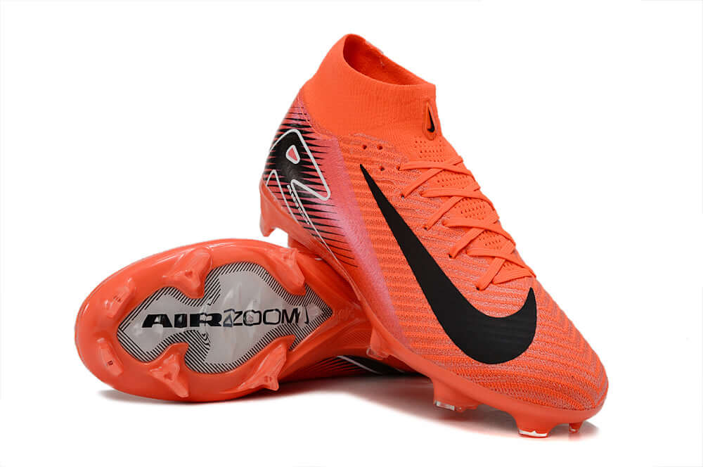 Chuteira Nike Air Zoom Mercurial Superfly 10 Elite FG em laranja, destacando tecnologia Air Zoom e design aerodinâmico.