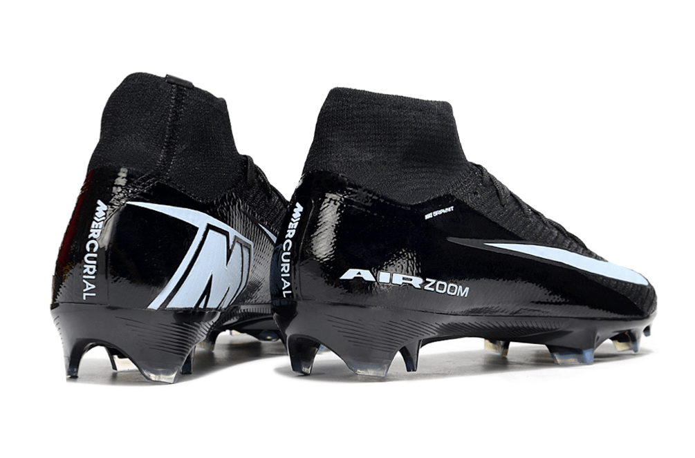 Chuteira Nike Air Zoom Mercurial Superfly 10 Elite FG Preta - Detalhe traseiro em preto e azul