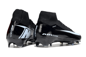 Chuteira Nike Air Zoom Mercurial Superfly 10 Elite FG Preta - Detalhe traseiro em preto e azul