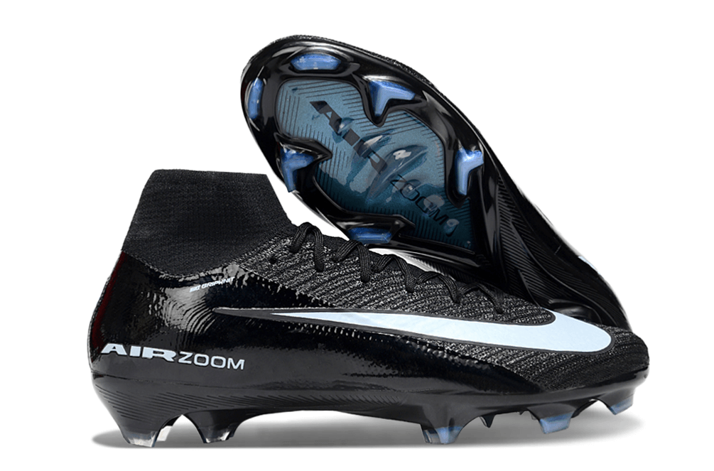 Chuteira Nike Air Zoom Mercurial Superfly 10 Elite FG Preta Pack Shadow com design aerodinâmico e solado de tração.