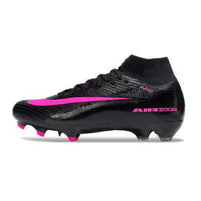Chuteira Nike Air Zoom Mercurial Superfly 10 Elite FG Preta e Rosa lateral com detalhes em rosa.