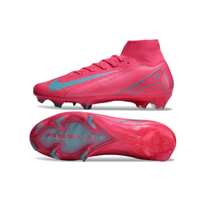 Chuteira Nike Air Zoom Mercurial Superfly 10 Elite FG Rosa, detalhe do design e sola em cor rosa com azul.