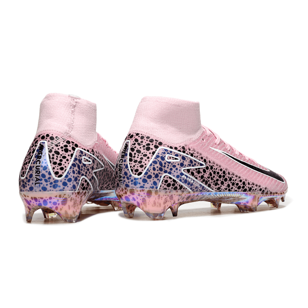 Chuteira Nike Air Zoom Mercurial Superfly 10 Elite FG Rosa Tiger, vista traseira, design em rosa e padrão moderno.
