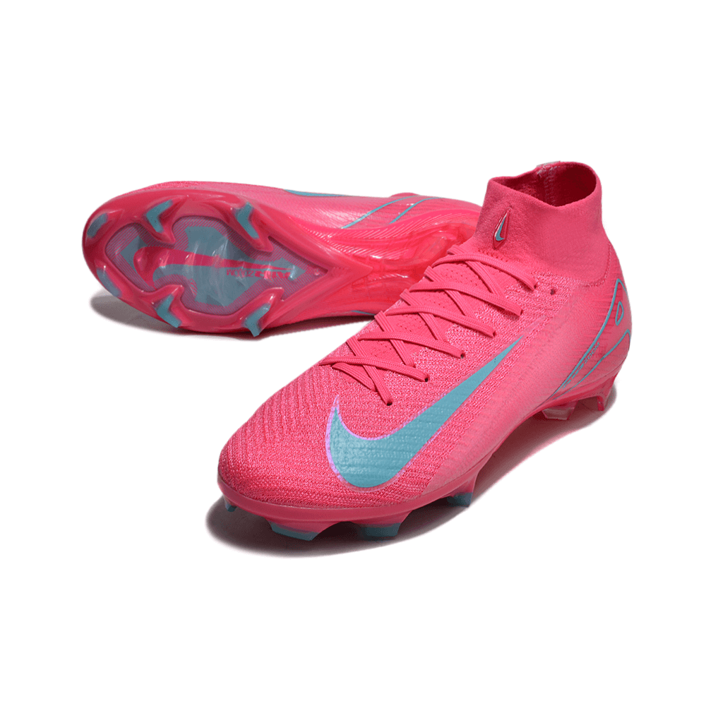 Chuteira Nike Air Zoom Mercurial Superfly 10 Elite FG Rosa em destaque com design rosa e azul.