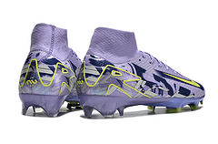 Chuteira Nike Air Zoom Mercurial Superfly 10 Elite FG - Roxa - Pack United, vista traseira em roxo e amarelo.