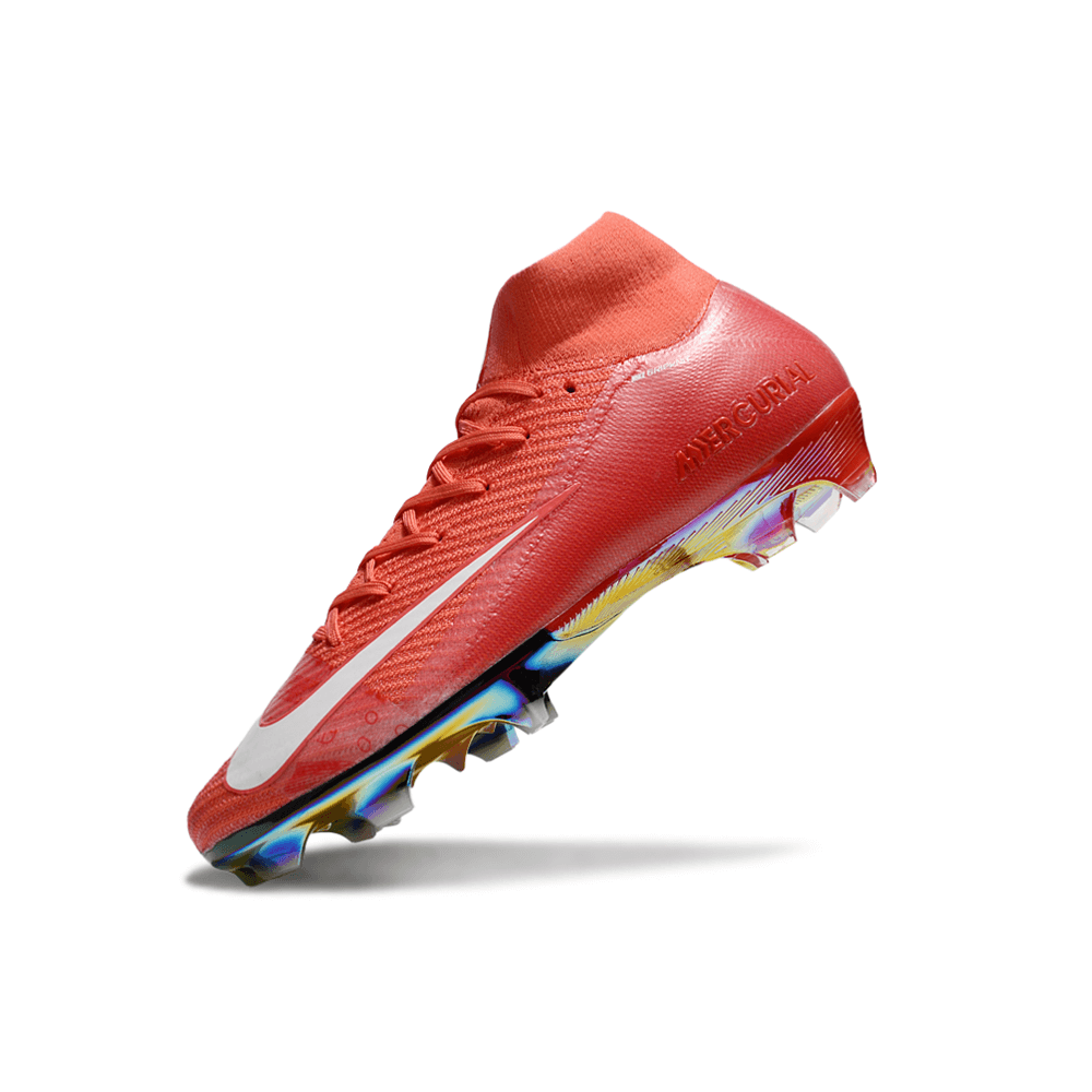 Chuteira Nike Air Zoom Mercurial Superfly 10 Elite FG Vermelha em ângulo dinâmico com detalhes em branco e sola colorida.