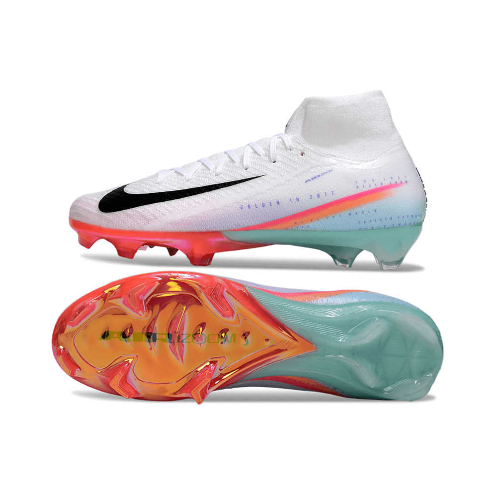 Chuteira Nike Air Zoom Mercurial Superfly 10 Elite FG Ed. "Sam Kerr" em perspectiva lateral com solado colorido.