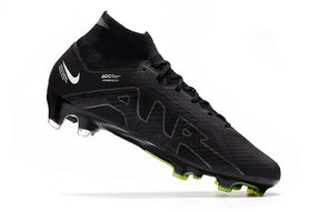 Chuteira Nike Air Zoom Mercurial Superfly 9 Elite FG em preto com detalhes em verde e design aerodinâmico.