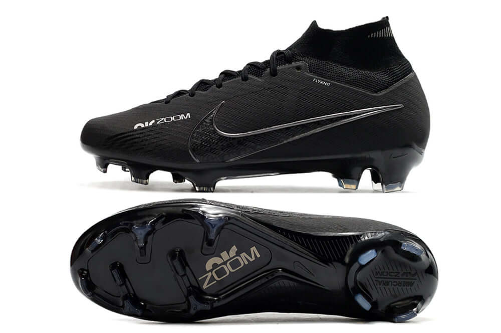 Chuteira Nike Air Zoom Mercurial Superfly 9 Elite FG vista lateral e sola em preto