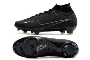 Chuteira Nike Air Zoom Mercurial Superfly 9 Elite FG vista lateral e sola em preto