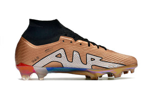 Chuteira Nike Air Zoom Mercurial Superfly 9 Elite FG em cor dourada com design aerodinâmico.