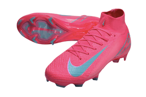 Chuteira Nike Air Zoom Mercurial Superfly IIX Elite FG35-45 em rosa com detalhes azuis, ideal para futebol de campo.