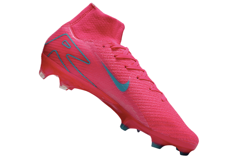 Chuteira Nike Air Zoom Mercurial Superfly IIX Elite FG35-45 na cor rosa com detalhes em azul.