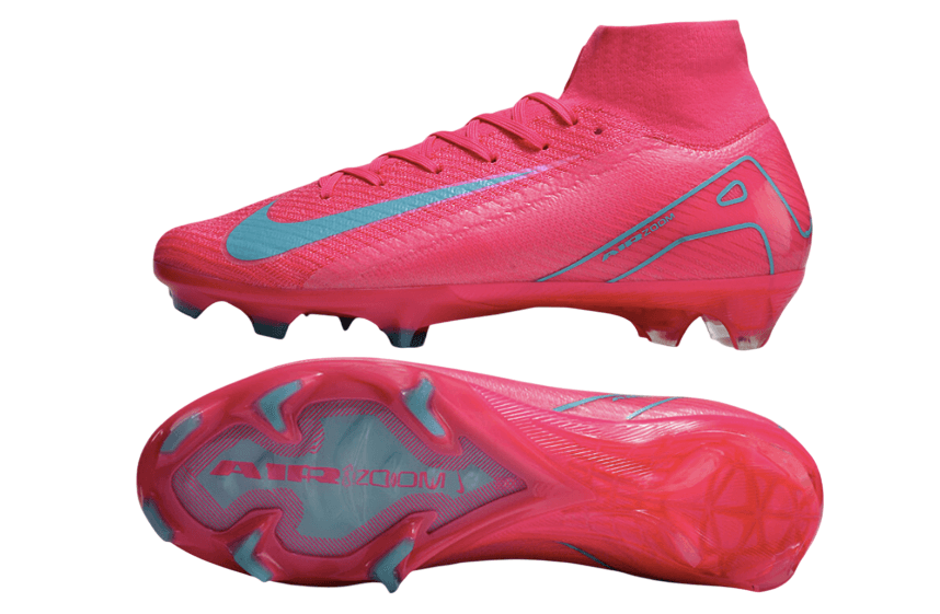 Chuteira Nike Air Zoom Mercurial Superfly IIX Elite FG35-45, cor rosa com detalhes em azul, sola FG para campo.
