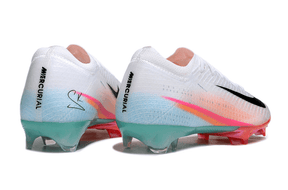 Chuteira Nike AIR Zoom Mercurial Vapor 16 Edição Especial Elite FG - Branca, Azul, Laranja e Rosa, vista traseira.