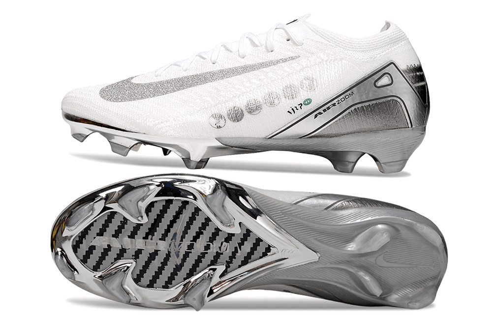 Chuteira Nike Air Zoom Mercurial Vapor 16 Edição Especial Elite FG - Branca e Prata "Vini Jr" com design e performance de elite.