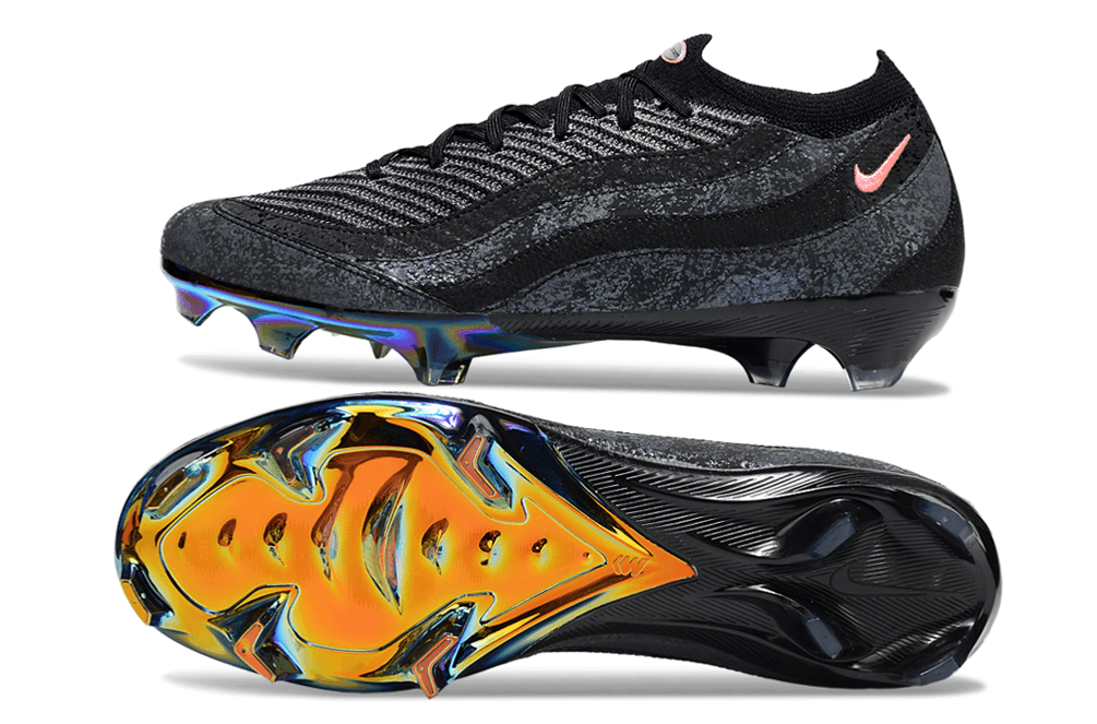 Chuteira Nike AIR Zoom Mercurial Vapor 16 Elite AIR MAX 95 FG - Preta, vista lateral e inferior, design inovador e tecnologia de ponta.