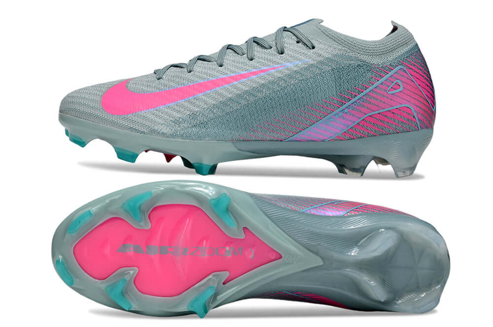 Chuteira Nike AIR Zoom Mercurial Vapor 16 Elite FG - Azul e Rosa - Pack Prism, vistas superior e inferior, destacando design e tecnologia.