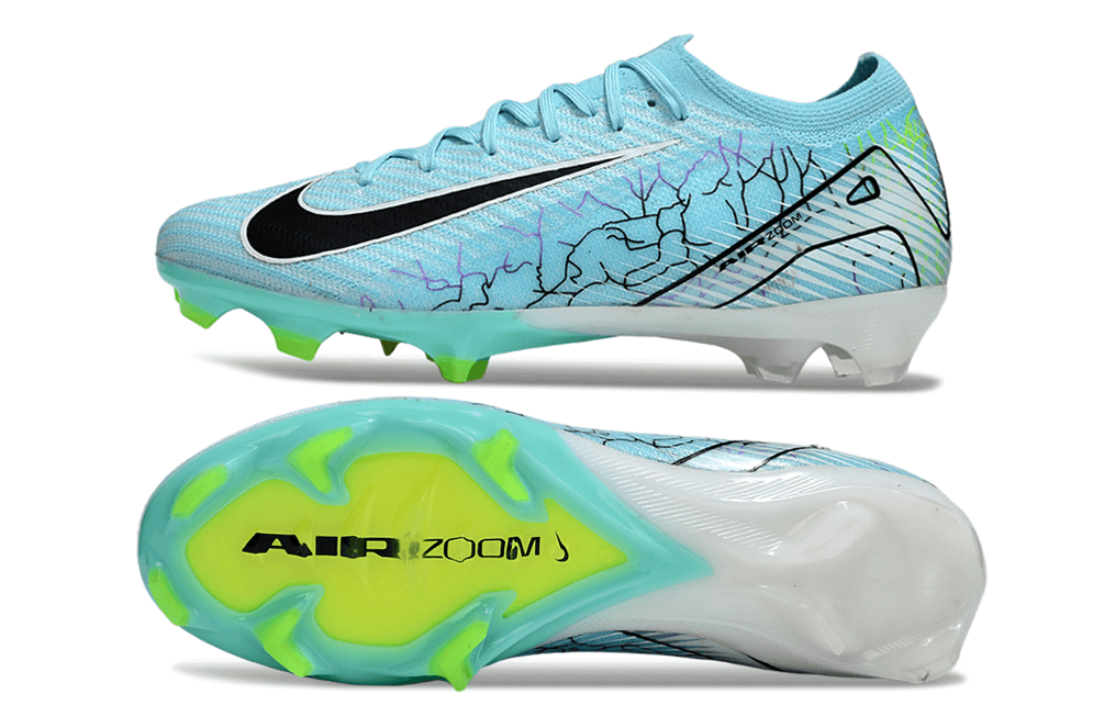Chuteira Nike Air Zoom Mercurial Vapor 16 Elite FG - Azul e Verde com design moderno e tecnologia avançada.