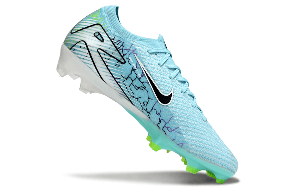 Chuteira Nike Air Zoom Mercurial Vapor 16 Elite FG - Azul e Verde em vista lateral com design moderno e aerodinâmico.