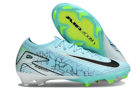 Chuteira Nike Air Zoom Mercurial Vapor 16 Elite FG - Azul e Verde com design aerodinâmico e tecnologia avançada.