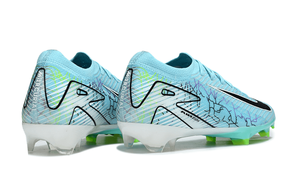 Chuteira Nike Air Zoom Mercurial Vapor 16 Elite FG - Azul e Verde vista traseira, destacando design inovador e cores vibrantes.