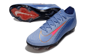 Chuteira Nike Air Zoom Mercurial Vapor 16 Elite FG - Azul e Vermelha vista lateral e inferior, ideal para futebol.