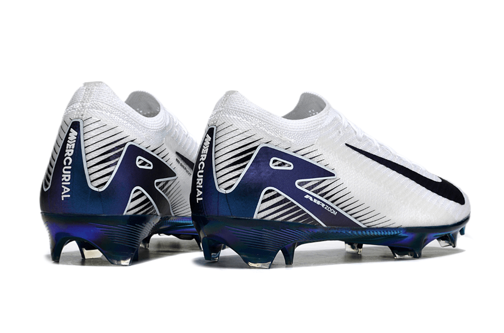Chuteira Nike Air Zoom Mercurial Vapor 16 Elite FG Branca e Azul vista traseira com design moderno e tecnologia avançada.
