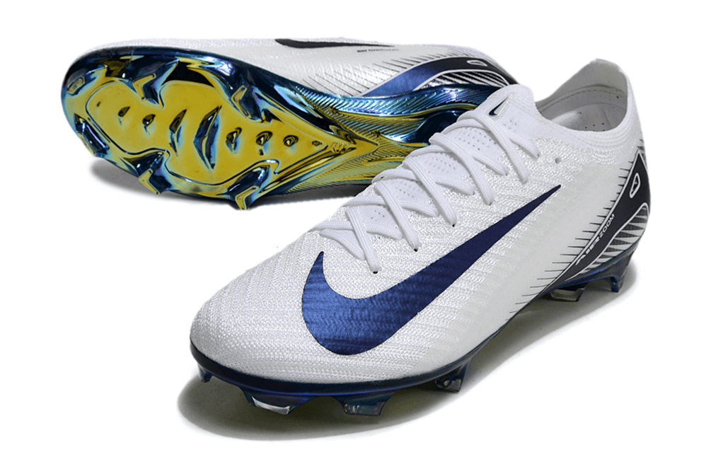 Chuteira Nike Air Zoom Mercurial Vapor 16 Elite FG Branca e Azul, designed for speed and control on the field.