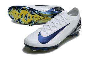 Chuteira Nike Air Zoom Mercurial Vapor 16 Elite FG Branca e Azul, designed for speed and control on the field.