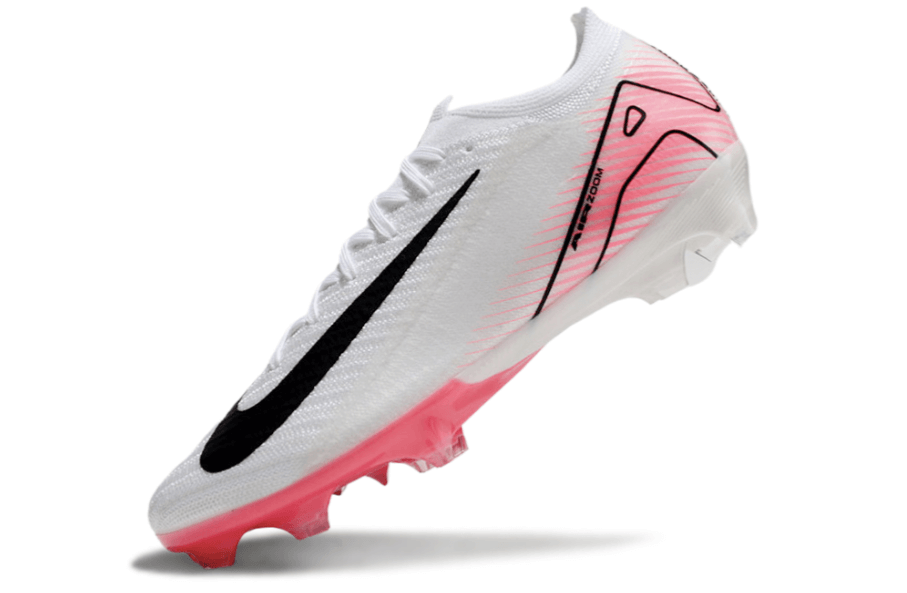 Chuteira Nike Air Zoom Mercurial Vapor 16 Elite FG Branca e Rosa vista lateral, destacando design e cores.
