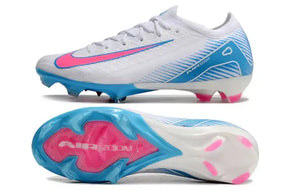 Chuteira Nike Air Zoom Mercurial Vapor 16 Elite FG Branco, azul e rosa com design moderno e sola inovadora.