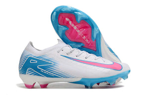 Chuteira Nike Air Zoom Mercurial Vapor 16 Elite FG Branco, azul e rosa vista lateral e inferior.