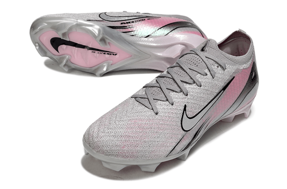 Chuteira Nike Air Zoom Mercurial Vapor 16 Elite FG - Prata e Rosa com design moderno e tecnologia avançada.
