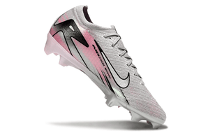 Chuteira Nike Air Zoom Mercurial Vapor 16 Elite FG - Prata e Rosa em ângulo, destacando design inovador e tecnologia de ponta.