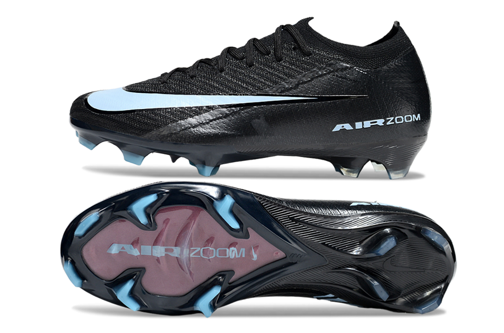 Chuteira Nike AIR Zoom Mercurial Vapor 16 Elite FG - Preta e Azul - Pack Shadow vista lateral e inferior