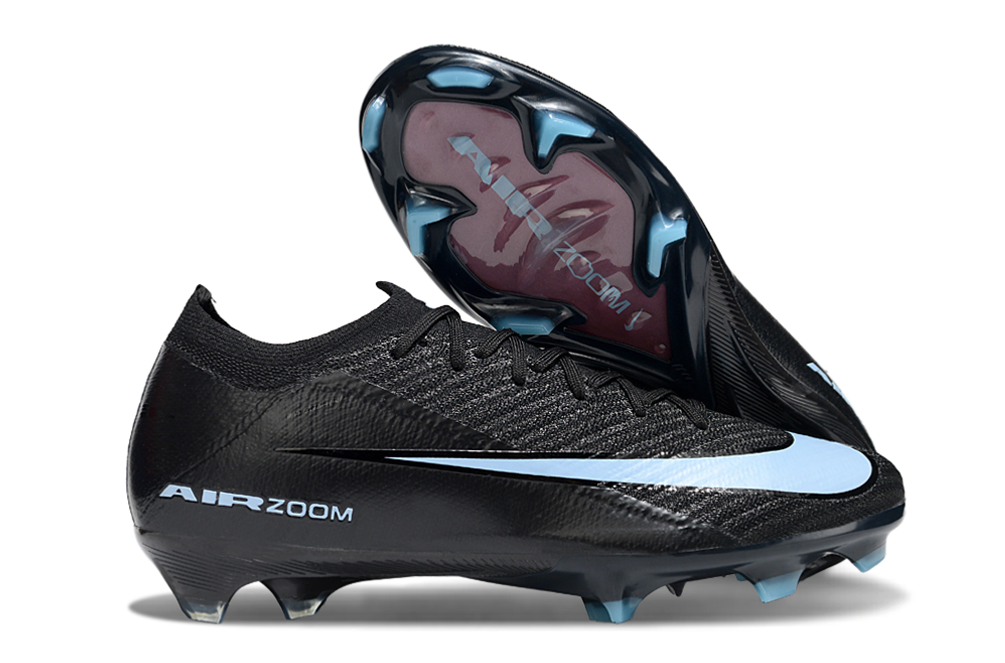 Chuteira Nike AIR Zoom Mercurial Vapor 16 Elite FG - Preta e Azul - Pack Shadow, vista lateral e sola