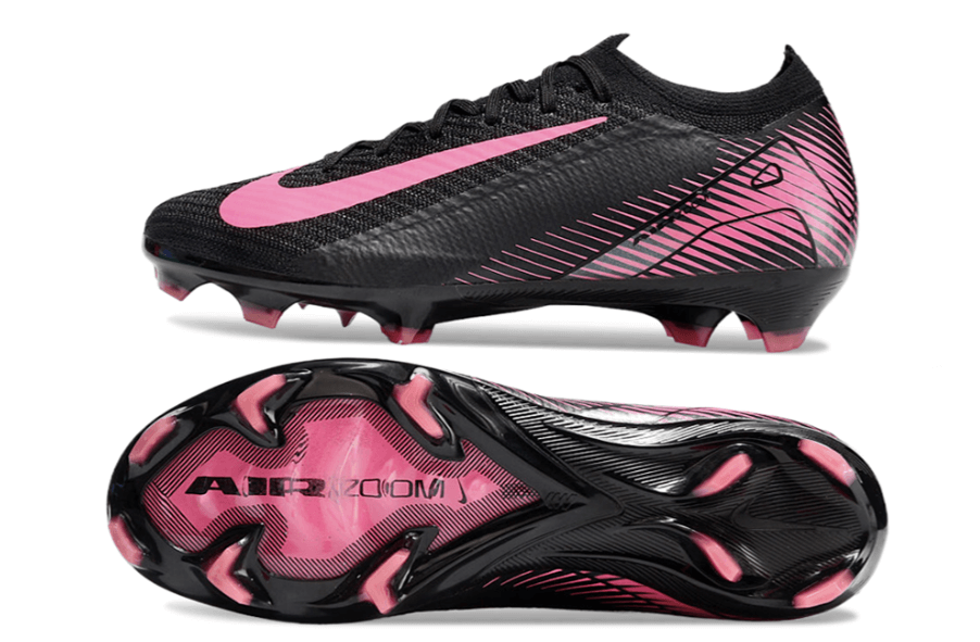 Chuteira Nike Air Zoom Mercurial Vapor 16 Elite FG Preta e Rosa com design aerodinâmico e tecnologia avançada.