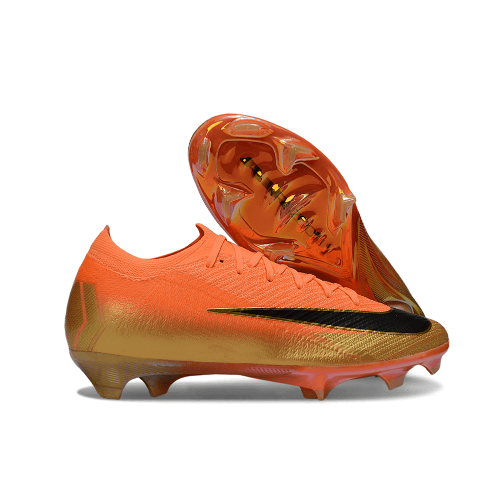 Chuteira Nike Air Zoom Mercurial Vapor 16 Laranja e Preta com design aerodinâmico.