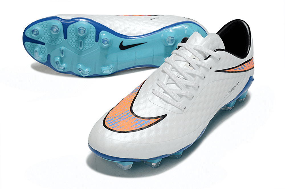 Chuteira Nike Hypervenom Elite FG - Branca e Azul para atacantes com design aerodinâmico e tecnologia Flyknit.