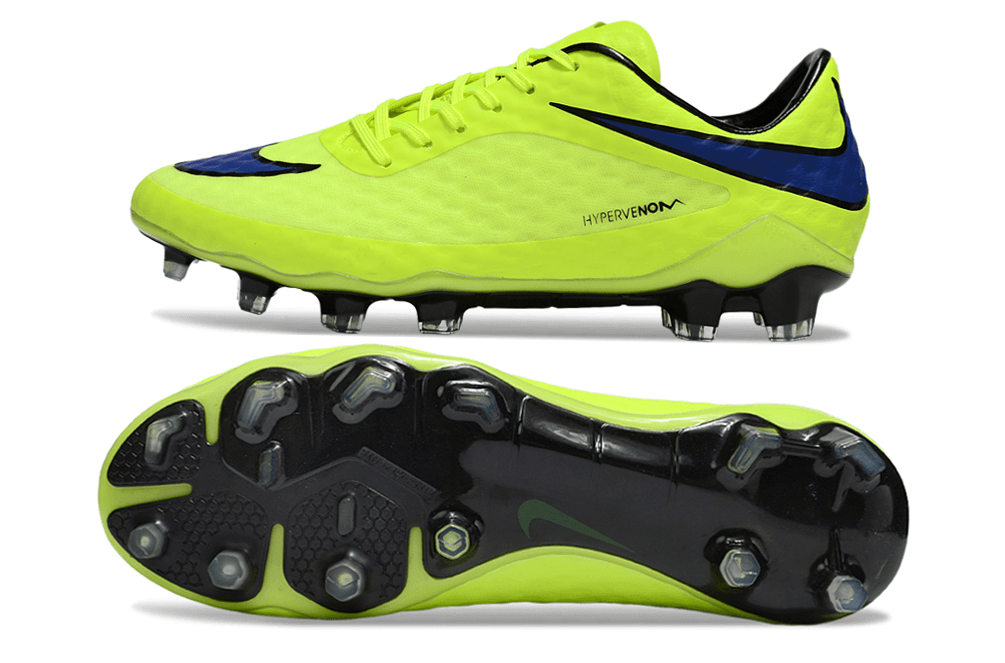 Chuteira Nike Hypervenom Elite FG - Verde e Azul vista superior e inferior mostrando design aerodinâmico e tecnologia avançada.