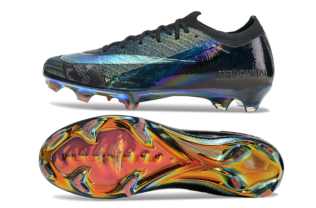 Chuteira Nike Mercurial Air Zoom Vapor 16 Edição Especial Elite Cosmic FG em ângulos diferentes, mostrando design e detalhes.
