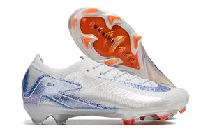 Chuteira Nike Mercurial Air Zoom Vapor 16 Elite FG Branca e Azul com design aerodinâmico e tecnologia avançada.