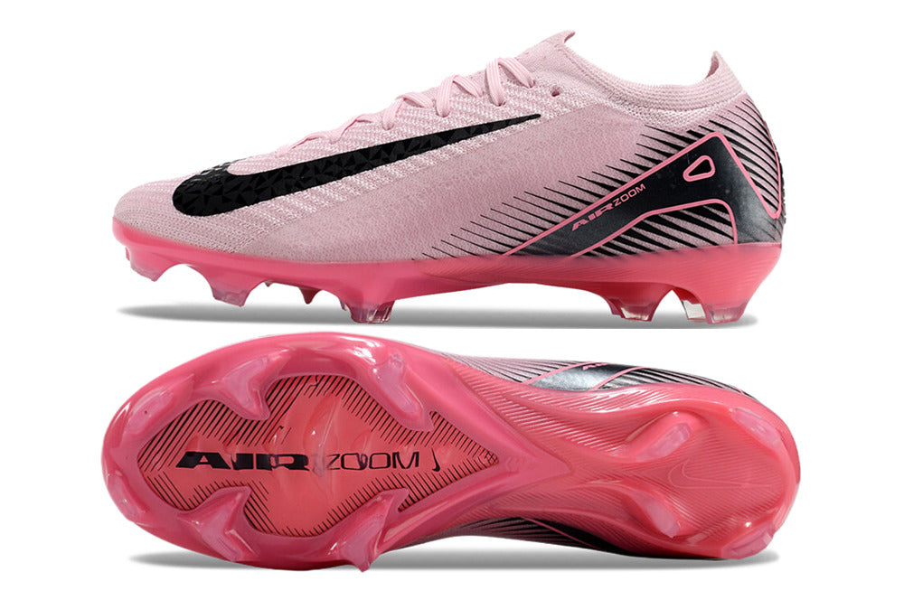 Chuteira Nike Mercurial Air Zoom Vapor 16 Elite FG Rosa e Preto, vista lateral e inferior, destacar design e tecnologia.