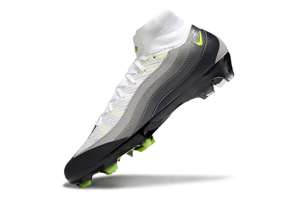 Chuteira Nike Mercurial Superfly 10 Air Max 95 Elite FG - Branca e Preta com destaque em design e performance.