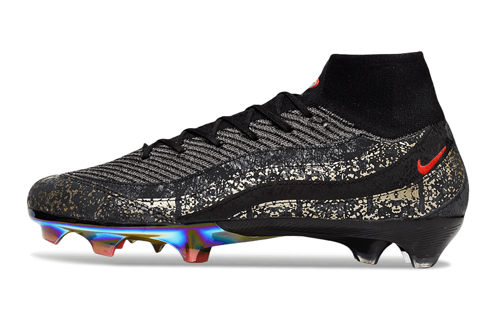 Chuteira Nike Mercurial Superfly 10 Air Max 95 Elite FG - Preto em perfil lateral com detalhes em preto e vermelho.