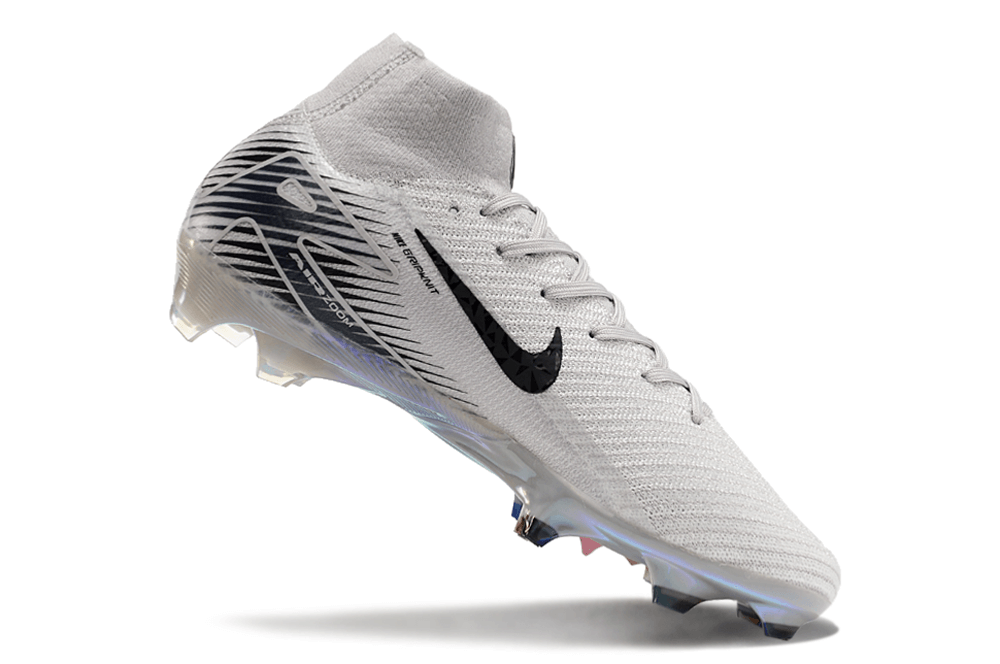 Chuteira Nike Mercurial Superfly 10 Edição Especial FG Elite Cinza com design leve e tecnológico.
